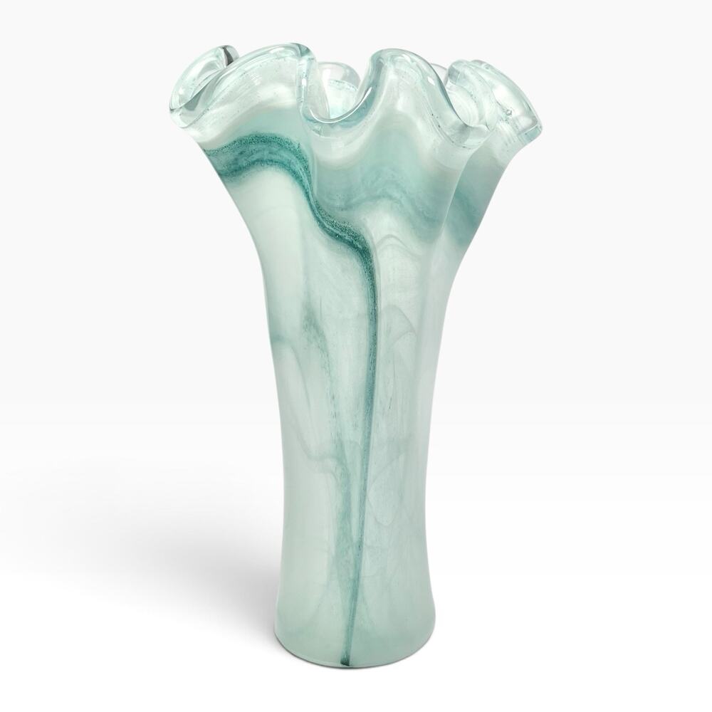 Contemporary Murano-Style Italian Sea Green Blue Ruffled Swirl Tall Vase 10 5/8”